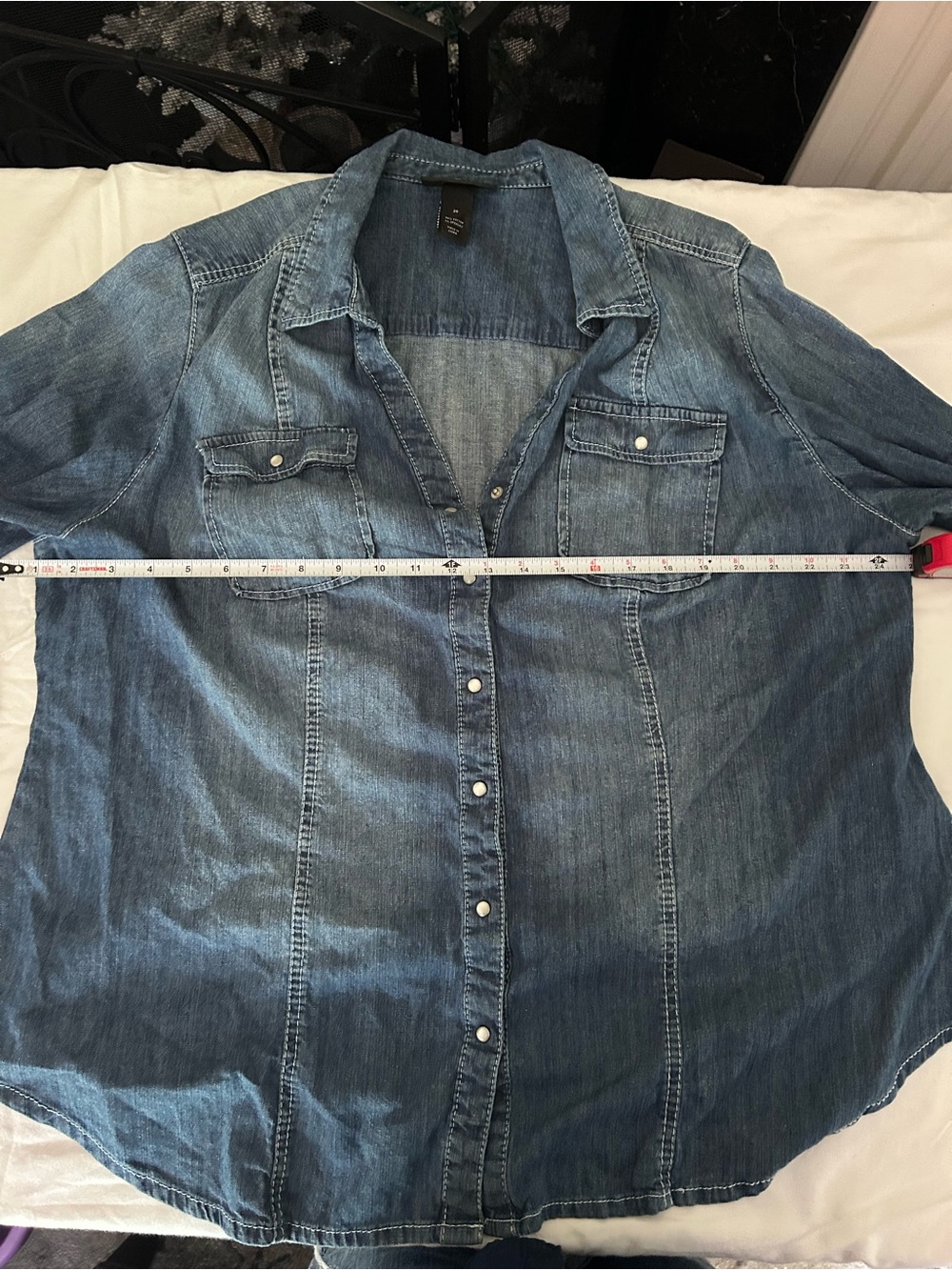 Lane Bryant Chambray Shirt - Medium Blue Pearl Snaps and Roll Tab Sleeves